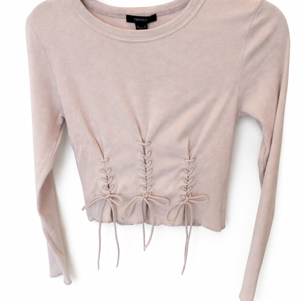 Forever 21 Light Blush Lace-Up Ribbed Long Sleeve Top